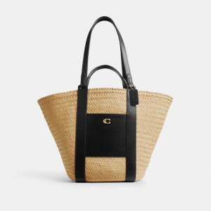 Beige Women Coach Straw Pocket Brass Tote Bag | MY_CH65525