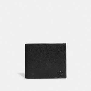 Black Men Coach Double Billfold Wallet Polished Pebble Leather Billfolds | MY_CH96469