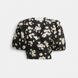 Black Women Coach Floral Wrap Blouse Tops | MY_CH58194