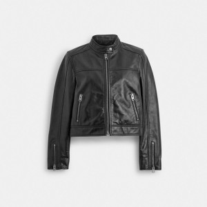 Black Women Coach Leather Racing Jackets | MY_CH21614