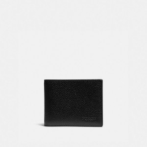 Black / Khaki Men Coach Slim Billfold Wallet With Signature Canvas Detail Pebble Leather Billfolds | MY_CH78911