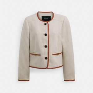 Cream Women Coach Heritage C Canvas With Leather Trim Cardigan | MY_CH99286