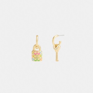 Gold Women Coach Rainbow Quilted Padlock Key Mismatch Earrings | MY_CH98041