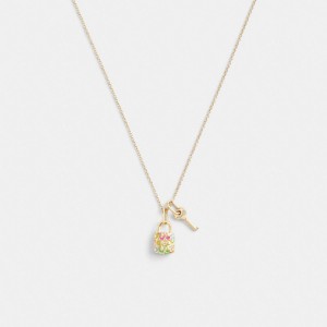 Gold Women Coach Rainbow Quilted Padlock Key Pendant Necklace | MY_CH42318