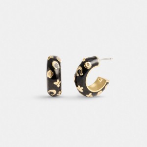 Gold / Black Women Coach Enamel Signature Floral Huggie Earrings | MY_CH22904