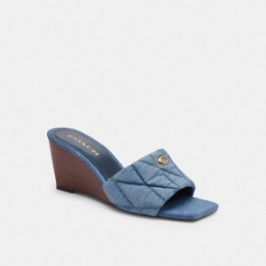 Indigo Blue Women Coach Emma Wedge With Quilting Indigo Denim Sandals | MY_CH44254