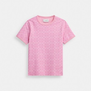 Pink Women Coach Signature Ringer In Organic Cotton Signature T Shirts | MY_CH30177