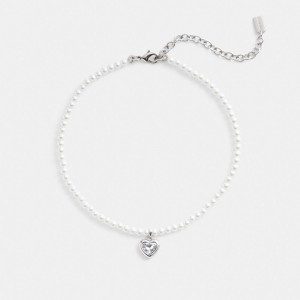 Silver Women Coach Heart Pearl Choker & Clear Necklace | MY_CH55763