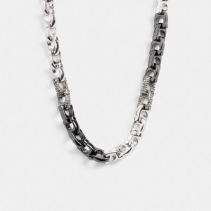 Silver Women Coach Pavé Signature Mixed Chain & Clear Necklace | MY_CH62309
