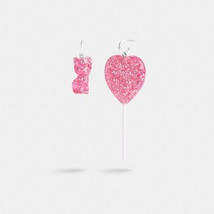Silver / Pink Women Coach The Lil Nas X Drop Cat And Heart Lollipop Mismatch Earrings | MY_CH32596